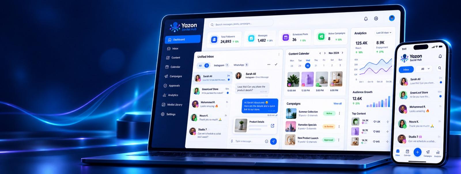 Painel do Yazon Social Hub no notebook e no celular